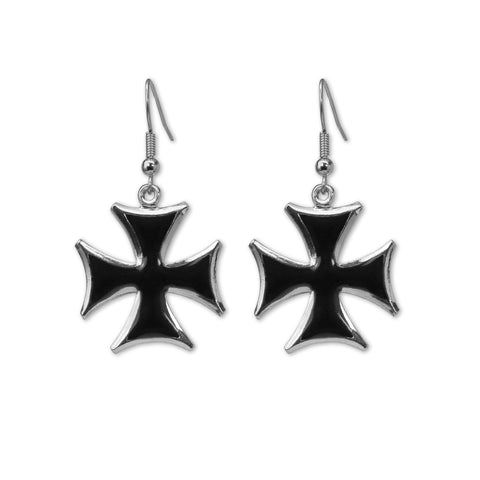 Knights of Malta Templar Cross Black with Silver Finish Dangle Earrings #122