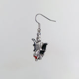 Bat Wings Skull Tombstone Dangle Earrings Silver Finish Pewter Black Enamel Accents #513B