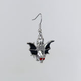 Bat Wings Skull Tombstone Dangle Earrings Silver Finish Pewter Black Enamel Accents #513B