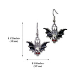 Bat Wings Skull Tombstone Dangle Earrings Silver Finish Pewter Black Enamel Accents #513B