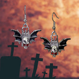 Bat Wings Skull Tombstone Dangle Earrings Silver Finish Pewter Black Enamel Accents #513B