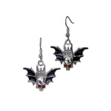 Bat Wings Skull Tombstone Dangle Earrings Silver Finish Pewter Black Enamel Accents #513B