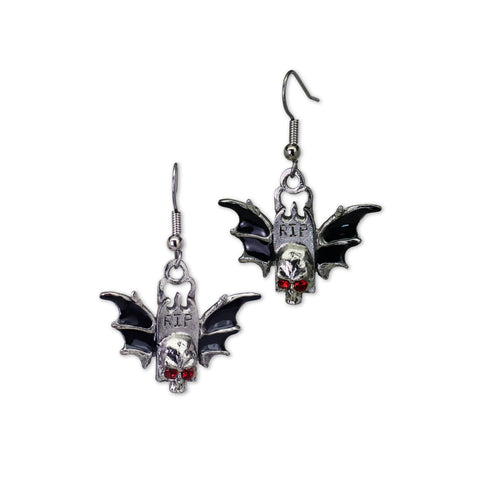 Bat Wings Skull Tombstone Dangle Earrings Silver Finish Pewter Black Enamel Accents #513B