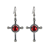 Gothic Cross Dangle Earrings Silver Finish with Red Cabochon #805