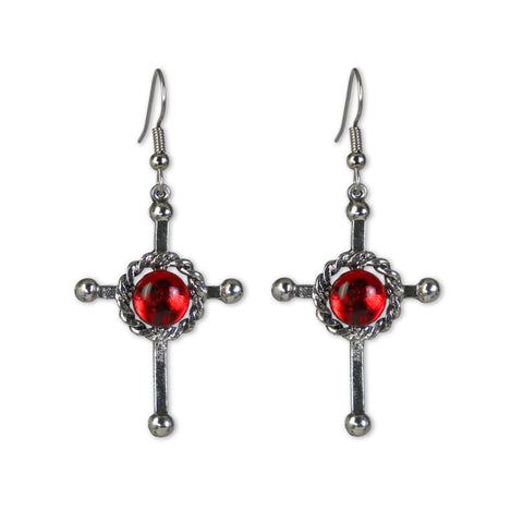 Gothic Cross Dangle Earrings Silver Finish with Red Cabochon #805