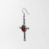 Gothic Cross Dangle Earrings Silver Finish with Red Cabochon #805