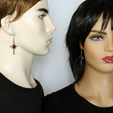 Gothic Cross Dangle Earrings Silver Finish with Red Cabochon #805
