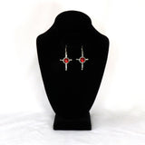 Gothic Cross Dangle Earrings Silver Finish with Red Cabochon #805