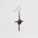 Gothic Cross Dangle Earrings Silver Finish with Red Cabochon #805