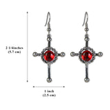 Gothic Cross Dangle Earrings Silver Finish with Red Cabochon #805