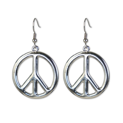 Peace Sign Dangle Earrings Polished Silver Finish Hippie Eara Iconic Fashion #835