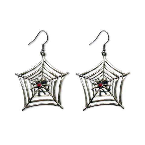 Gothic Spider on Web Dangle Earrings with Red Austrian Crystals #840