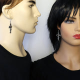 Gothic Cross Dangle Earrings with Hissing Snake and Red Crystals #843