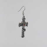 Gothic Cross Dangle Earrings with Hissing Snake and Red Crystals #843