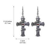 Gothic Cross Dangle Earrings with Hissing Snake and Red Crystals #843