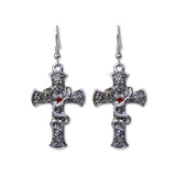 Gothic Cross Dangle Earrings with Hissing Snake and Red Crystals #843