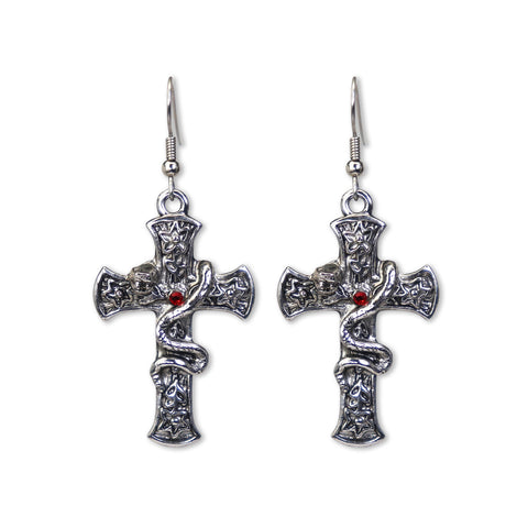 Gothic Cross Dangle Earrings with Hissing Snake and Red Crystals #843