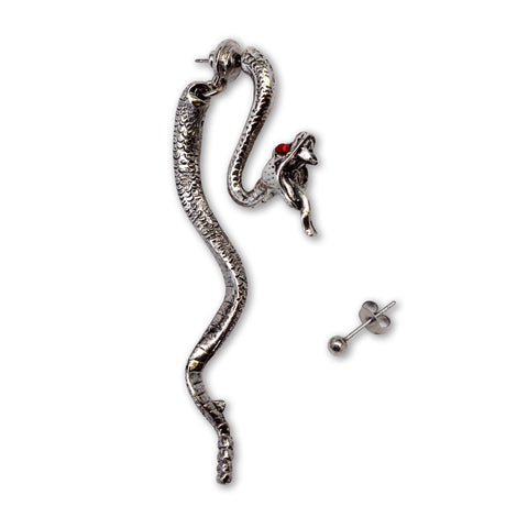 Hissing Snake Post Earrings with Red Crystal Eyes Silver Finish Pewter #852