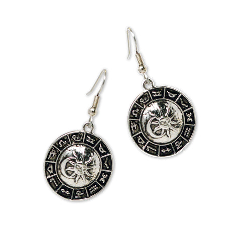 Astrology Wheel with Sun and Moon Silver Dangle Earrings #948