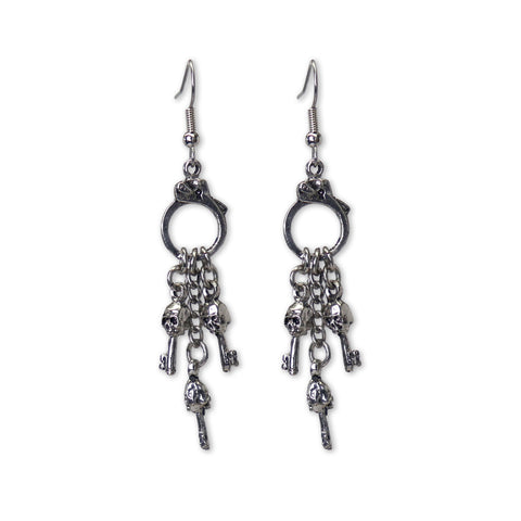 Gothic Handcuffs Dangle Earrings with Skull Keys Silver Finish #953