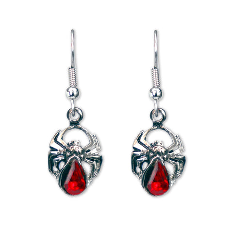 Gothic Spider Dangle Earrings with Red Austrian Crystal Body Silver Finidh #961