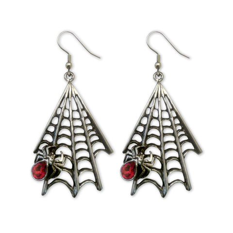 Gothic Spider on Web Dangle Earrings Red Crystals Silver Finish #969