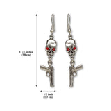 Skull with Red Austrian Crystal Eyes and Dangling Guns Silver Finish Dangle Earrings #977