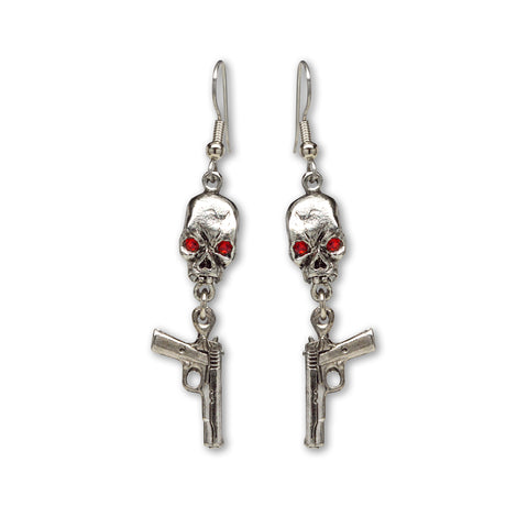 Skull with Red Austrian Crystal Eyes and Dangling Guns Silver Finish Dangle Earrings #977