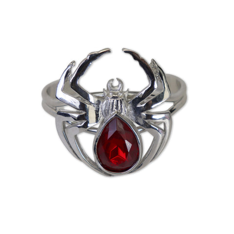 Gothic Spider Bracelet Polished Silver Pewter with Red Navette Stone B-3