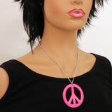 Large Peace Sign Neon Hot Pink Enamel Finish Pewter Pendant Necklace NK-15-P