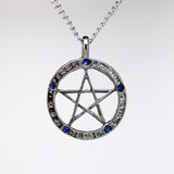 Gothic Pentacle in Zodiac with Blue Crystals Pendant Necklace NK-169