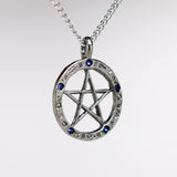 Gothic Pentacle in Zodiac with Blue Crystals Pendant Necklace NK-169