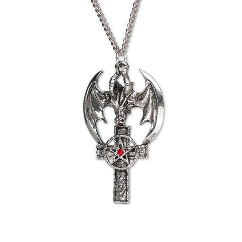 Gothic Dragon Head on Cross with Pentacle Pewter Pendant Necklace NK-273