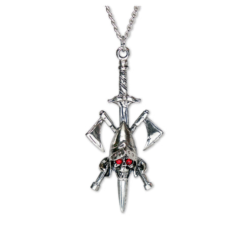 Skull With Crossed Warrior Axes On Sword Medieval Renaissance Silver Finish Pendant Necklace NK-319