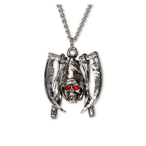 Warrior Skull with SIckles and Red Crystal Eyes Silver Finish Pewter Pendant Necklace NK-330