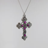 Gothic Filigree Cross with Purple Stones Medieval Renaissance Pewter Pendant Necklace NK-379P