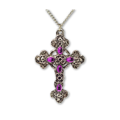 Gothic Filigree Cross with Purple Stones Medieval Renaissance Pewter Pendant Necklace NK-379P