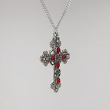 Gothic Filigree Cross with Red Stones Medieval Renaissance Pewter Pendant Necklace NK-379R