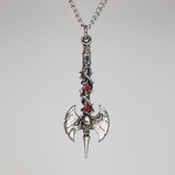 Double Axe in Vines with Skull and Red Crystals Pendant Necklace NK-443