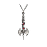 Double Axe in Vines with Skull and Red Crystals Pendant Necklace NK-443
