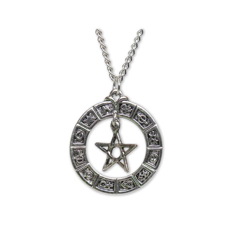 Mystical Pentacle Hanging in Zodiac Circle Silver Finish Pendant Necklace NK-460