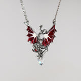 Mystical Dragon with Crystals Silver Finish Red Enamel Accents Pendant Necklace NK-489