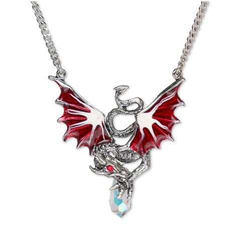 Mystical Dragon with Crystals Silver Finish Red Enamel Accents Pendant Necklace NK-489