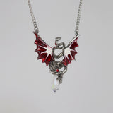 Mystical Dragon with Crystals Silver Finish Red Enamel Accents Pendant Necklace NK-489