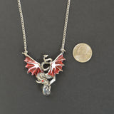 Mystical Dragon with Crystals Silver Finish Red Enamel Accents Pendant Necklace NK-489