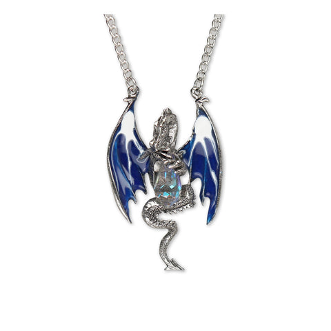 Blue Dragon Holding Faceted Crystal Medieval Renaissance Pendant Necklace NK-491B
