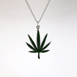 Marijuana Pot Leaf Green Enamel on Pewter Pendant Necklace NK-49
