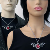 Black Bat Wings with Blood Red Stone Pewter Pendant Necklace NK-500