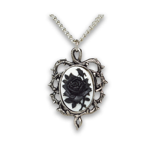 Gothic Black Rose Cameo In Thorn Frame Silver Finish Pendant Necklace NK-604BW