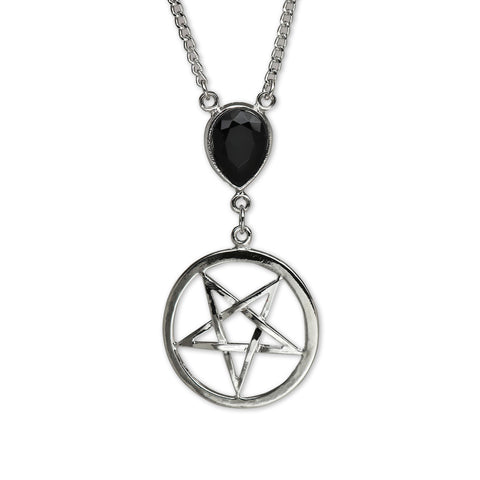 Inverted Pentacle with Black Crystal Medieval Renaissance Pendant Necklace NK-616